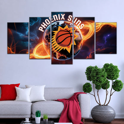 Basketball Canvas Wall Art - BK5054 - Phoenix Suns - Fiery Basketball Globe Spotlight
