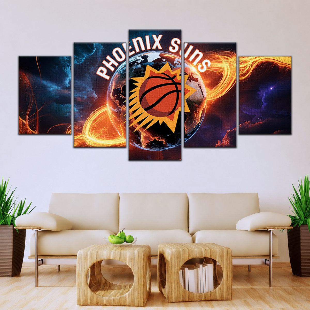 Basketball Canvas Wall Art - BK5054 - Phoenix Suns - Fiery Basketball Globe Spotlight