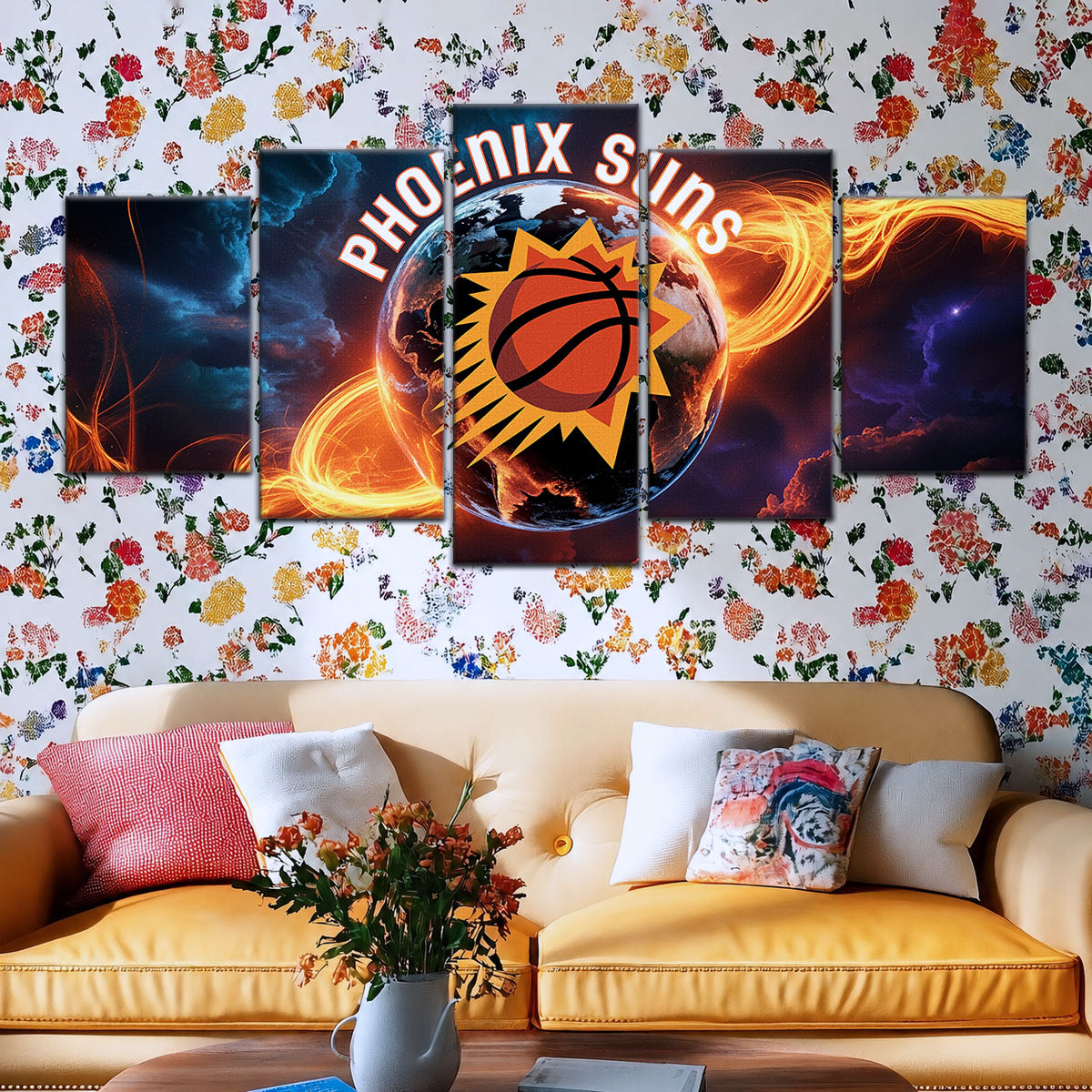 Basketball Canvas Wall Art - BK5054 - Phoenix Suns - Fiery Basketball Globe Spotlight