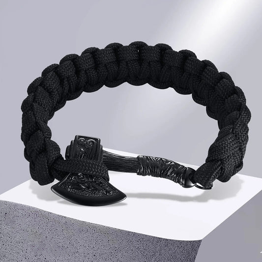 Viking - Chunky Norse Viking Thor's Hammer Bracelets for Men, Black Stainless Steel Mjolnir Scandinavian Rune Amulet Punk Wristband