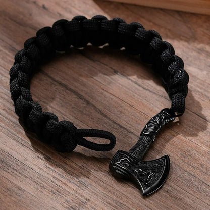 Viking - Chunky Norse Viking Thor's Hammer Bracelets for Men, Black Stainless Steel Mjolnir Scandinavian Rune Amulet Punk Wristband