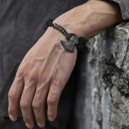 Viking - Chunky Norse Viking Thor's Hammer Bracelets for Men, Black Stainless Steel Mjolnir Scandinavian Rune Amulet Punk Wristband
