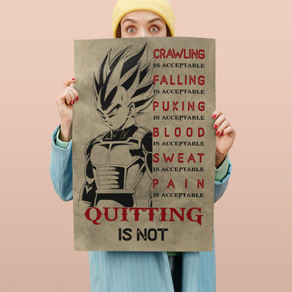Vegeta Super Saiyan Canvas Wall Art - Dragon Ball Anime Motivational Quote “Quitting Is Not” Print - Ready to Hang Gym Workout Decor - DR014