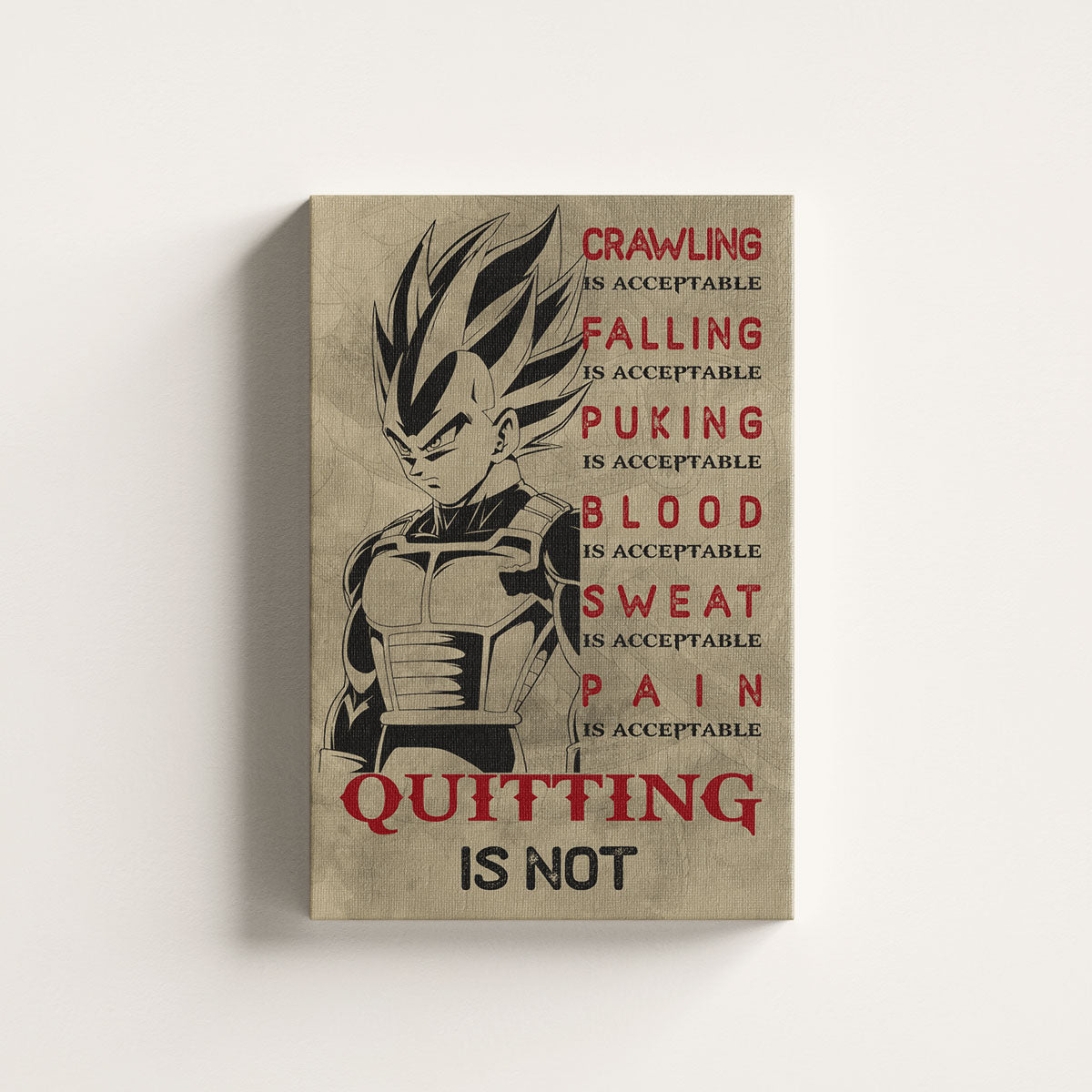 Vegeta Super Saiyan Canvas Wall Art - Dragon Ball Anime Motivational Quote “Quitting Is Not” Print - Ready to Hang Gym Workout Decor - DR014