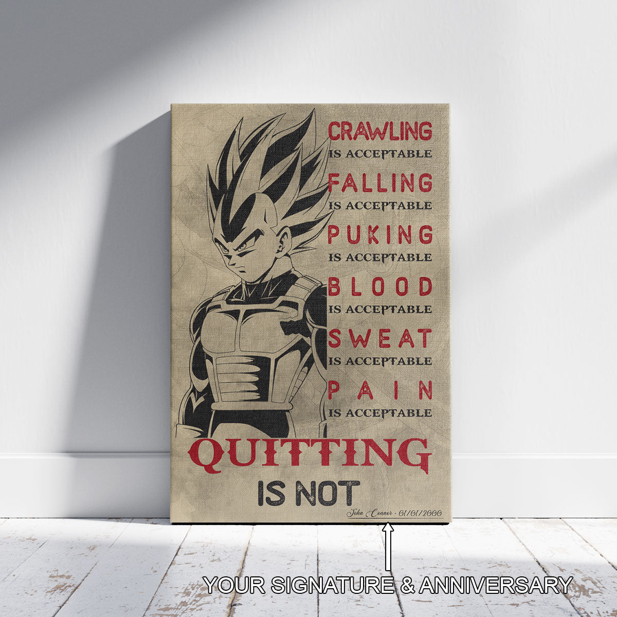 Vegeta Super Saiyan Canvas Wall Art - Dragon Ball Anime Motivational Quote “Quitting Is Not” Print - Ready to Hang Gym Workout Decor - DR014