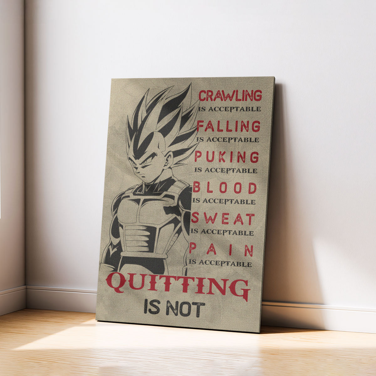 Vegeta Super Saiyan Canvas Wall Art - Dragon Ball Anime Motivational Quote “Quitting Is Not” Print - Ready to Hang Gym Workout Decor - DR014