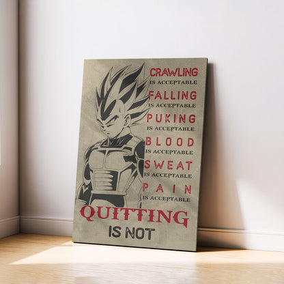 Vegeta Super Saiyan Canvas Wall Art - Dragon Ball Anime Motivational Quote “Quitting Is Not” Print - Ready to Hang Gym Workout Decor - DR014