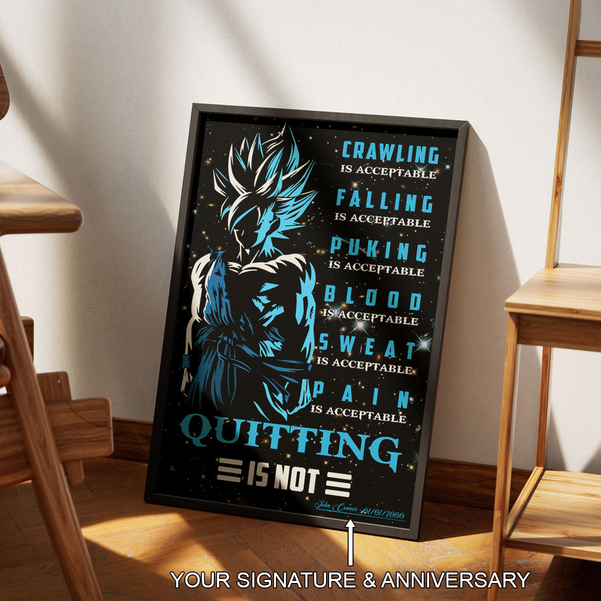 Goku Super Saiyan Blue Canvas Wall Art - Dragon Ball Anime Motivational Quote “Quitting Is Not” Print - Ready to Hang Gym Workout Decor - DR015