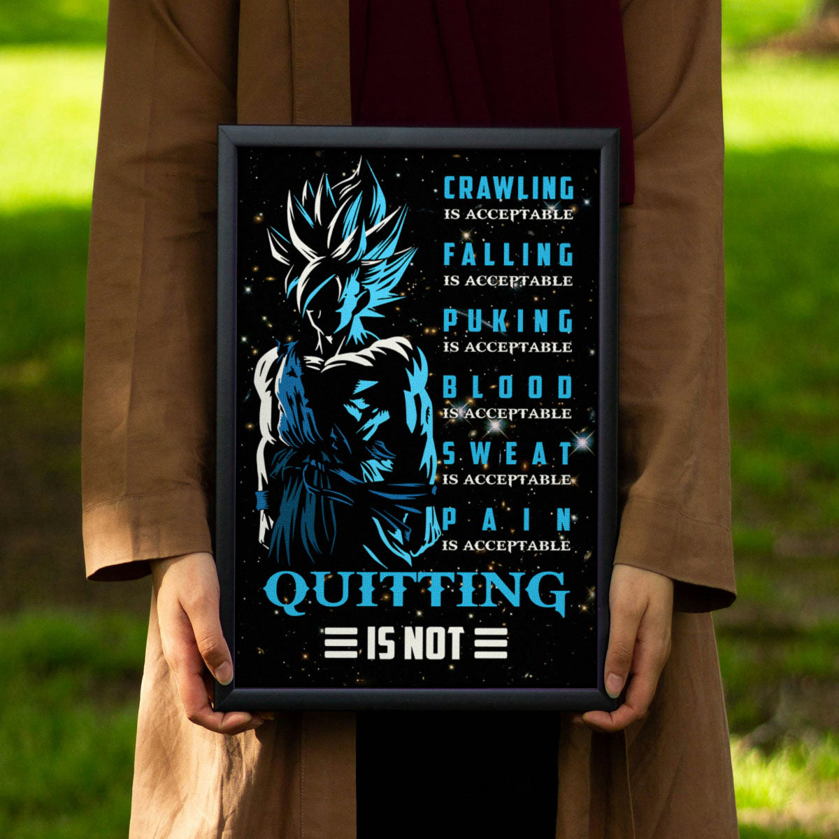 Goku Super Saiyan Blue Canvas Wall Art - Dragon Ball Anime Motivational Quote “Quitting Is Not” Print - Ready to Hang Gym Workout Decor - DR015