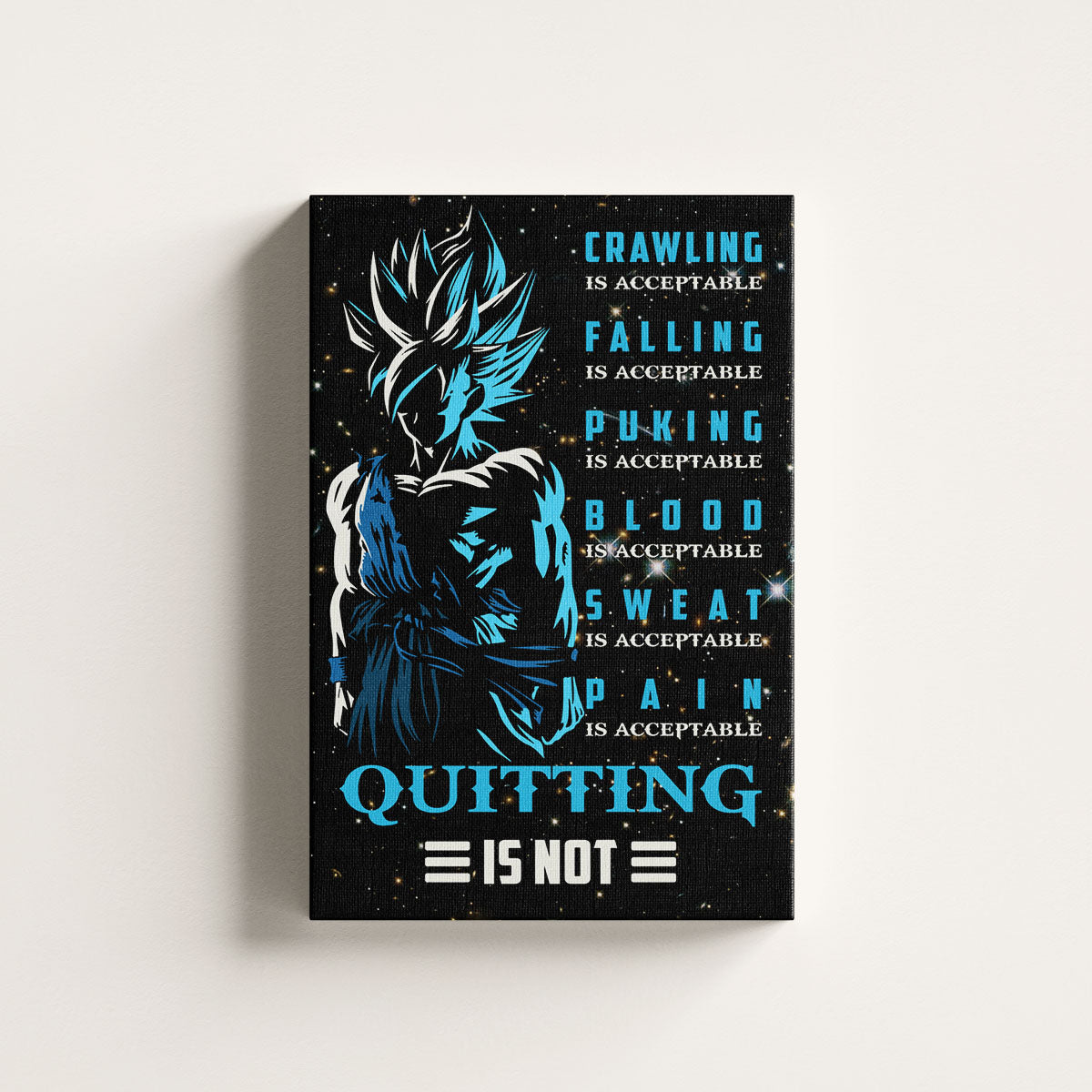 Goku Super Saiyan Blue Canvas Wall Art - Dragon Ball Anime Motivational Quote “Quitting Is Not” Print - Ready to Hang Gym Workout Decor - DR015