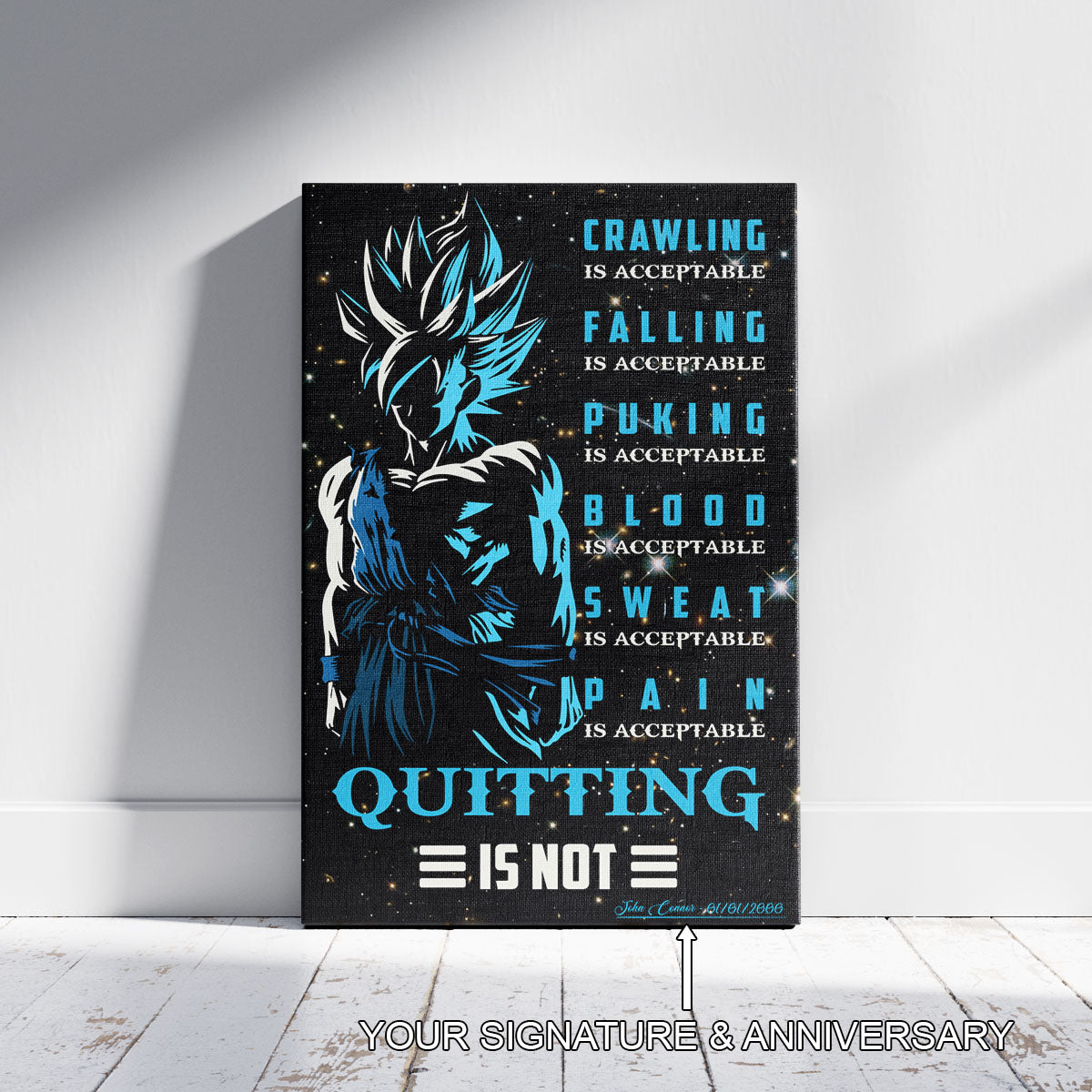 Goku Super Saiyan Blue Canvas Wall Art - Dragon Ball Anime Motivational Quote “Quitting Is Not” Print - Ready to Hang Gym Workout Decor - DR015