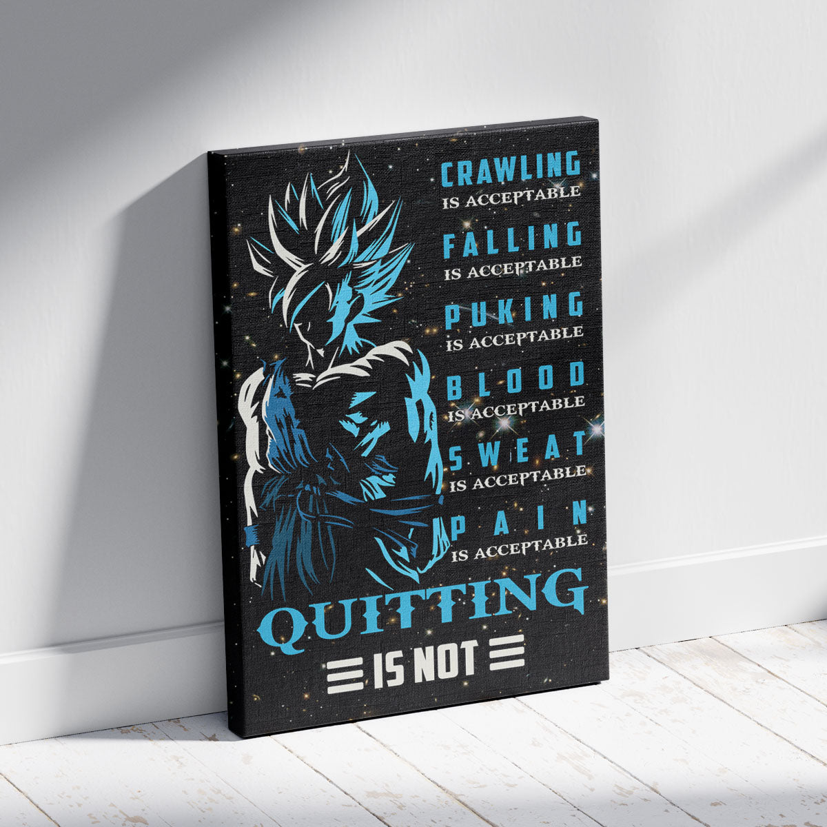 Goku Super Saiyan Blue Canvas Wall Art - Dragon Ball Anime Motivational Quote “Quitting Is Not” Print - Ready to Hang Gym Workout Decor - DR015