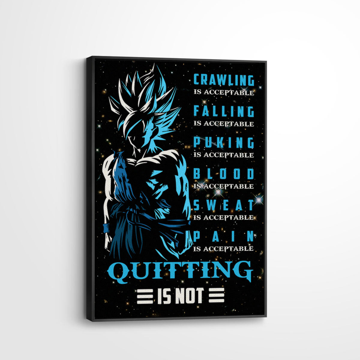 Goku Super Saiyan Blue Canvas Wall Art - Dragon Ball Anime Motivational Quote “Quitting Is Not” Print - Ready to Hang Gym Workout Decor - DR015