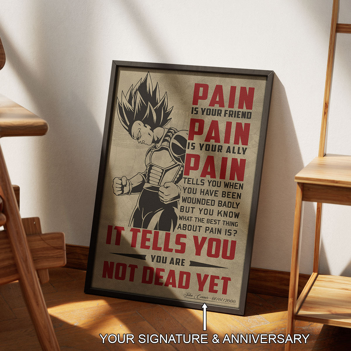 Vegeta Super Saiyan Canvas Wall Art - Dragon Ball Z Motivational "Pain" Print - Ready to Hang Home Office Decor - DR016