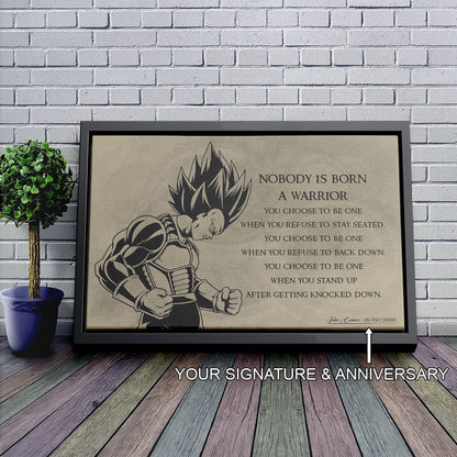 Dragon Ball Z Super Saiyan Vegeta Canvas Wall Art - Nobody Is Born A Warrior - DBZ Motivational Quote Print - Ready to Hang Anime Decor for Boys Room, Man Cave - DR019