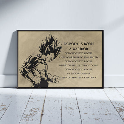 Dragon Ball Z Super Saiyan Vegeta Canvas Wall Art - Nobody Is Born A Warrior - DBZ Motivational Quote Print - Ready to Hang Anime Decor for Boys Room, Man Cave - DR019
