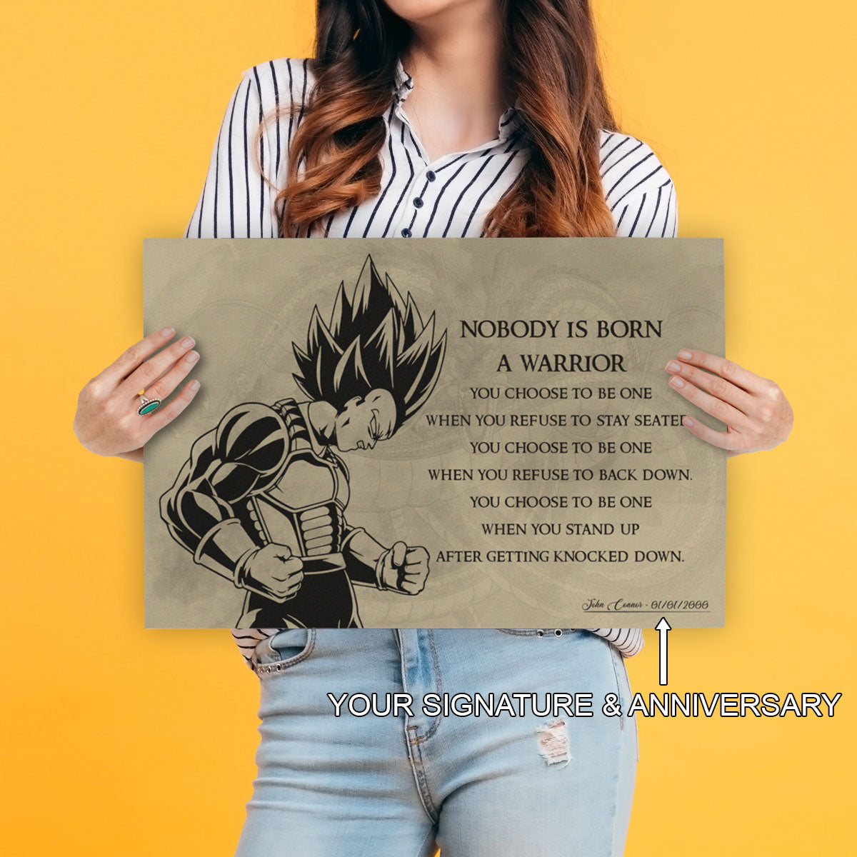 Dragon Ball Z Super Saiyan Vegeta Canvas Wall Art - Nobody Is Born A Warrior - DBZ Motivational Quote Print - Ready to Hang Anime Decor for Boys Room, Man Cave - DR019