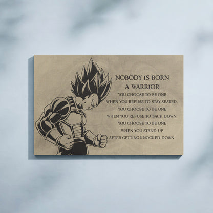 Dragon Ball Z Super Saiyan Vegeta Canvas Wall Art - Nobody Is Born A Warrior - DBZ Motivational Quote Print - Ready to Hang Anime Decor for Boys Room, Man Cave - DR019