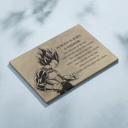 Dragon Ball Z Super Saiyan Vegeta Canvas Wall Art - Nobody Is Born A Warrior - DBZ Motivational Quote Print - Ready to Hang Anime Decor for Boys Room, Man Cave - DR019