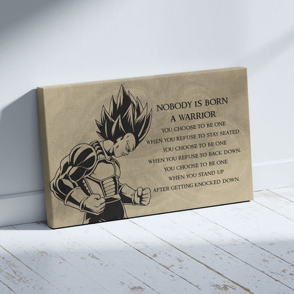Dragon Ball Z Super Saiyan Vegeta Canvas Wall Art - Nobody Is Born A Warrior - DBZ Motivational Quote Print - Ready to Hang Anime Decor for Boys Room, Man Cave - DR019