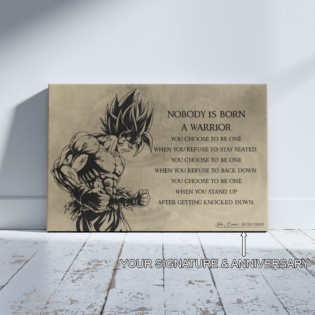 Dragon Ball Z Super Saiyan Goku Canvas Wall Art - Nobody Is Born A Warrior - DBZ Motivational Quote Print - Ready to Hang Home Office Decor - DR020