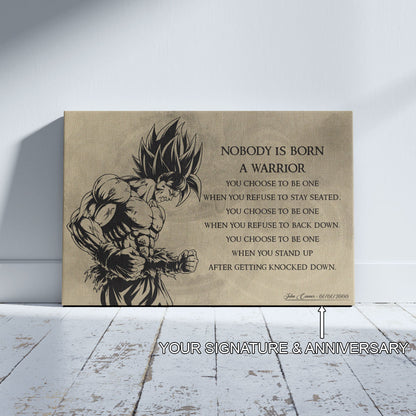 Dragon Ball Z Super Saiyan Goku Canvas Wall Art - Nobody Is Born A Warrior - DBZ Motivational Quote Print - Ready to Hang Home Office Decor - DR020