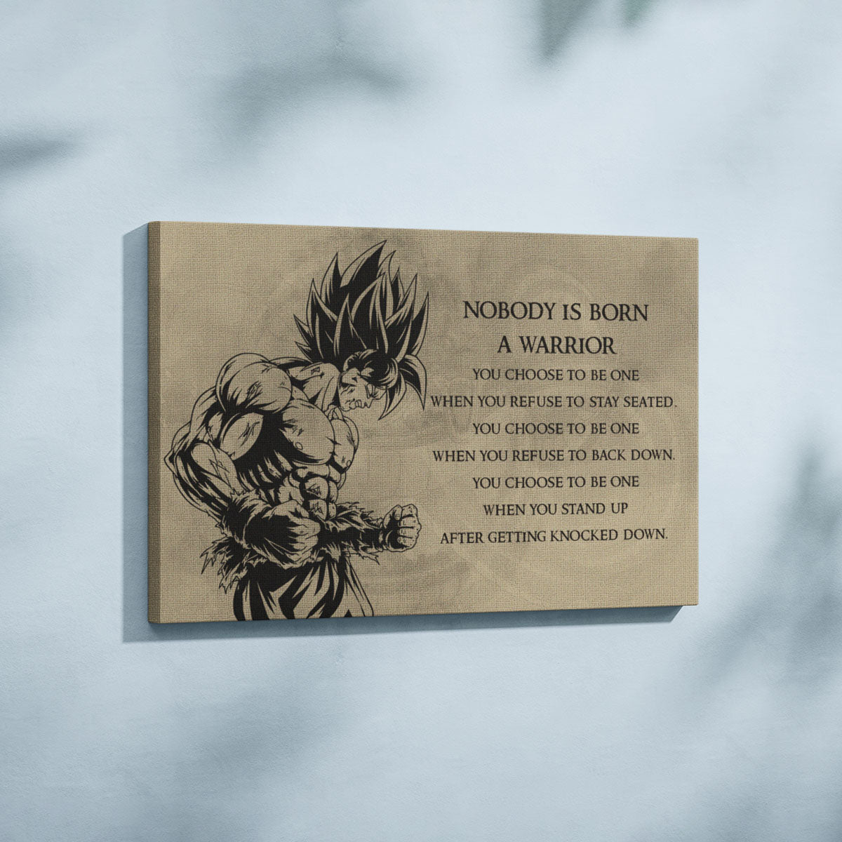 Dragon Ball Z Super Saiyan Goku Canvas Wall Art - Nobody Is Born A Warrior - DBZ Motivational Quote Print - Ready to Hang Home Office Decor - DR020