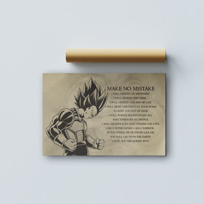 Dragon Ball Z Super Saiyan Vegeta Canvas Wall Art - Make No Mistake - Motivational Quote Print - Ready to Hang Anime Decor for Boys Room, Man Cave - DR026