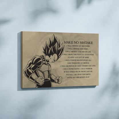 Dragon Ball Z Super Saiyan Vegeta Canvas Wall Art - Make No Mistake - Motivational Quote Print - Ready to Hang Anime Decor for Boys Room, Man Cave - DR026