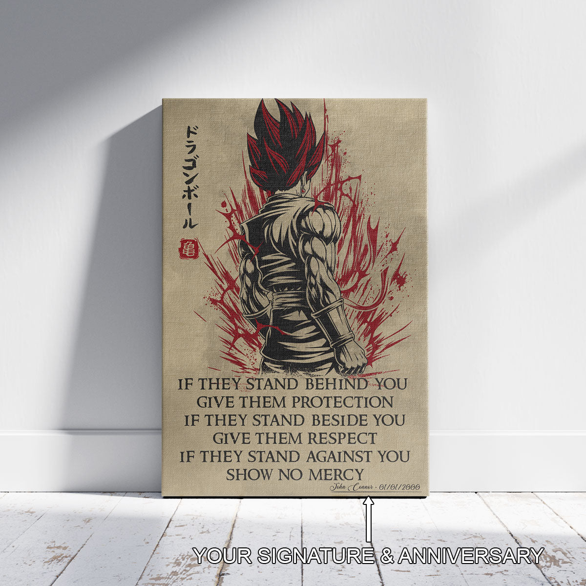 Vegito Super Saiyan God Dragon Ball Canvas Wall Art - Show No Mercy - Motivational Quote Print - Office Living Room Decor, Framed Ready to Hang - DR029