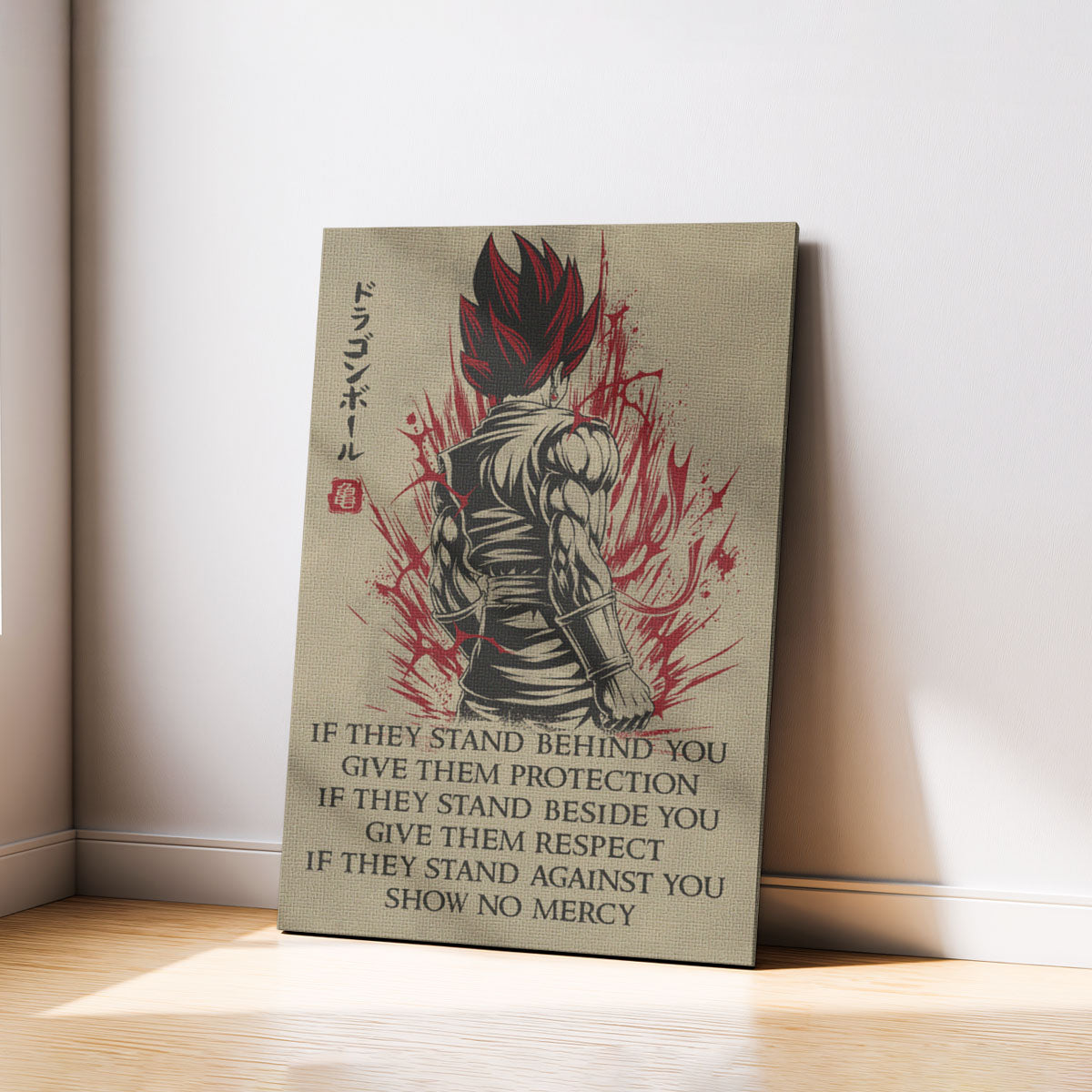 Vegito Super Saiyan God Dragon Ball Canvas Wall Art - Show No Mercy - Motivational Quote Print - Office Living Room Decor, Framed Ready to Hang - DR029