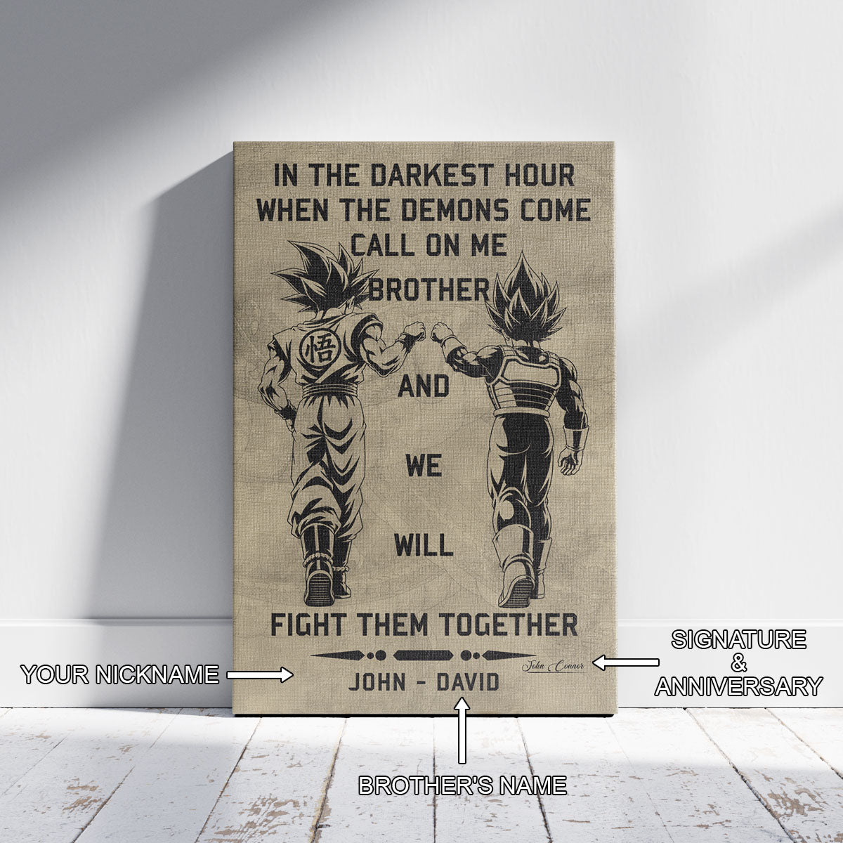 Dragon Ball Super Saiyan Blue Goku & Ultra Ego Vegeta Canvas Wall Art - Motivational Quote “Brother” - Ready to Hang Home Office Decor - DR040