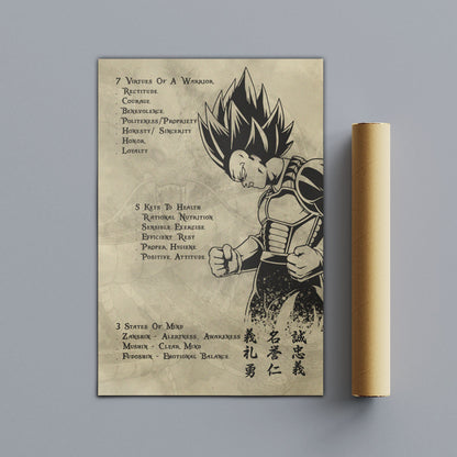 Vegeta Dragon Ball Z Motivational Canvas Wall Art - 7 Virtues of a Warrior & 5 Keys to Health - Anime Poster Room Decor - DR043