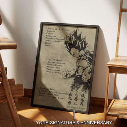 Vegeta Dragon Ball Z Motivational Canvas Wall Art - 7 Virtues of a Warrior & 5 Keys to Health - Anime Poster Room Decor - DR043