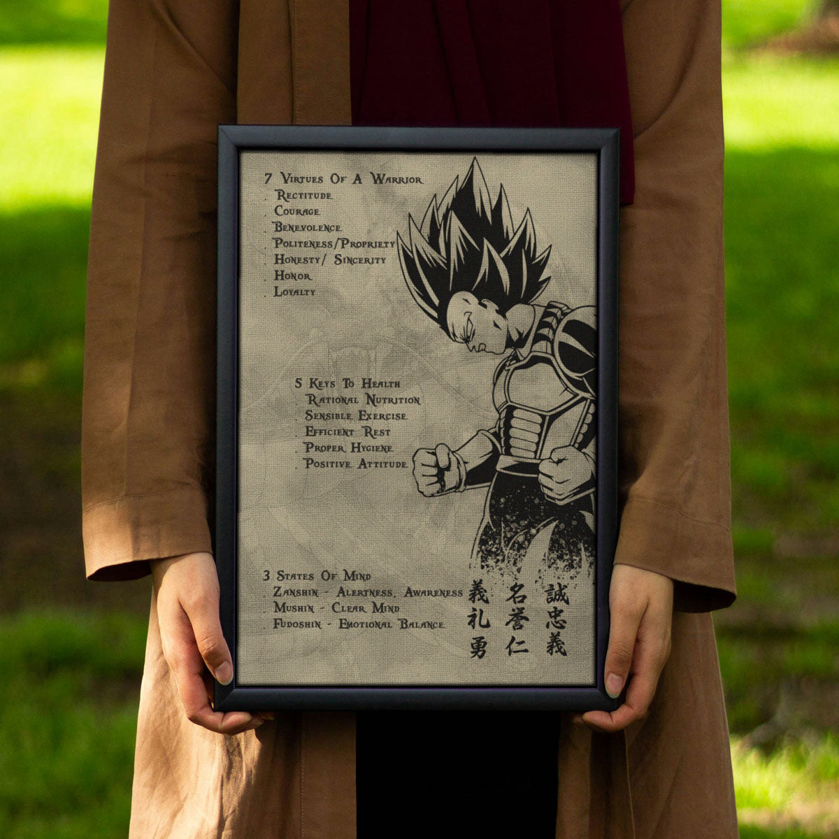 Vegeta Dragon Ball Z Motivational Canvas Wall Art - 7 Virtues of a Warrior & 5 Keys to Health - Anime Poster Room Decor - DR043