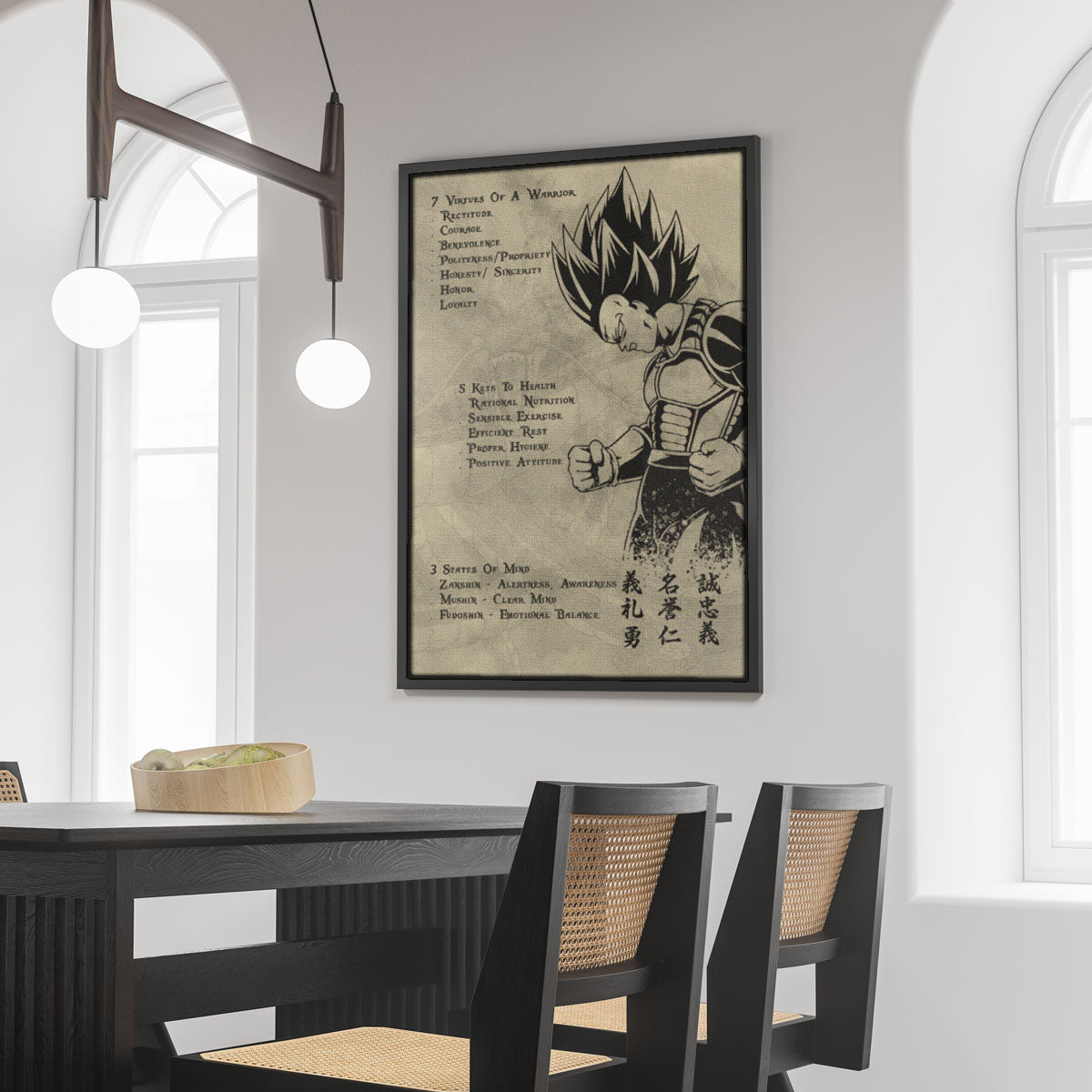 Vegeta Dragon Ball Z Motivational Canvas Wall Art - 7 Virtues of a Warrior & 5 Keys to Health - Anime Poster Room Decor - DR043
