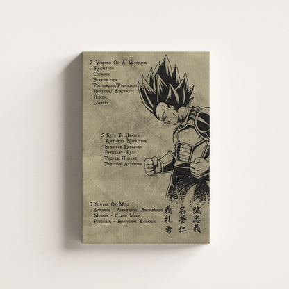 Vegeta Dragon Ball Z Motivational Canvas Wall Art - 7 Virtues of a Warrior & 5 Keys to Health - Anime Poster Room Decor - DR043