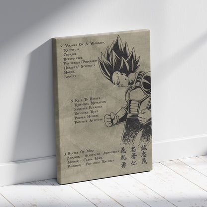 Vegeta Dragon Ball Z Motivational Canvas Wall Art - 7 Virtues of a Warrior & 5 Keys to Health - Anime Poster Room Decor - DR043