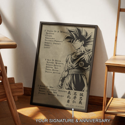 Goku Dragon Ball Z Motivational Canvas Wall Art - 7 Virtues of a Warrior & 5 Keys to Health - Anime Poster Room Decor - DR044