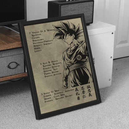 Goku Dragon Ball Z Motivational Canvas Wall Art - 7 Virtues of a Warrior & 5 Keys to Health - Anime Poster Room Decor - DR044