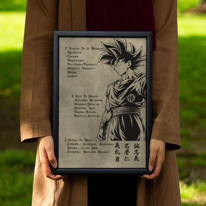 Goku Dragon Ball Z Motivational Canvas Wall Art - 7 Virtues of a Warrior & 5 Keys to Health - Anime Poster Room Decor - DR044