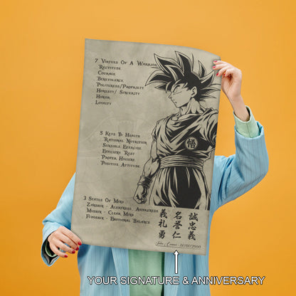 Goku Dragon Ball Z Motivational Canvas Wall Art - 7 Virtues of a Warrior & 5 Keys to Health - Anime Poster Room Decor - DR044