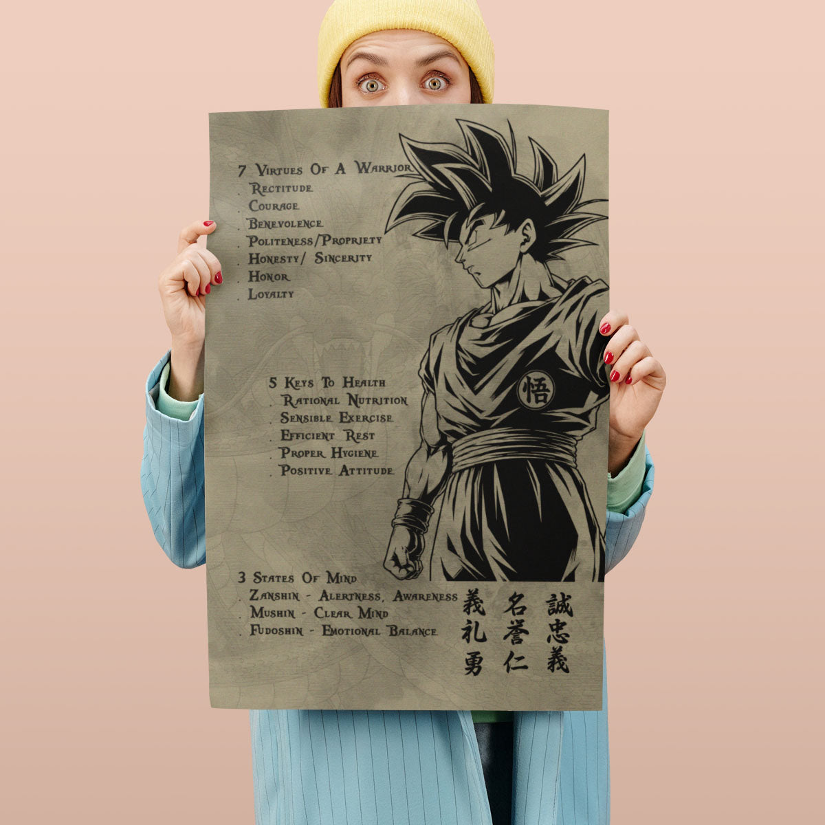 Goku Dragon Ball Z Motivational Canvas Wall Art - 7 Virtues of a Warrior & 5 Keys to Health - Anime Poster Room Decor - DR044