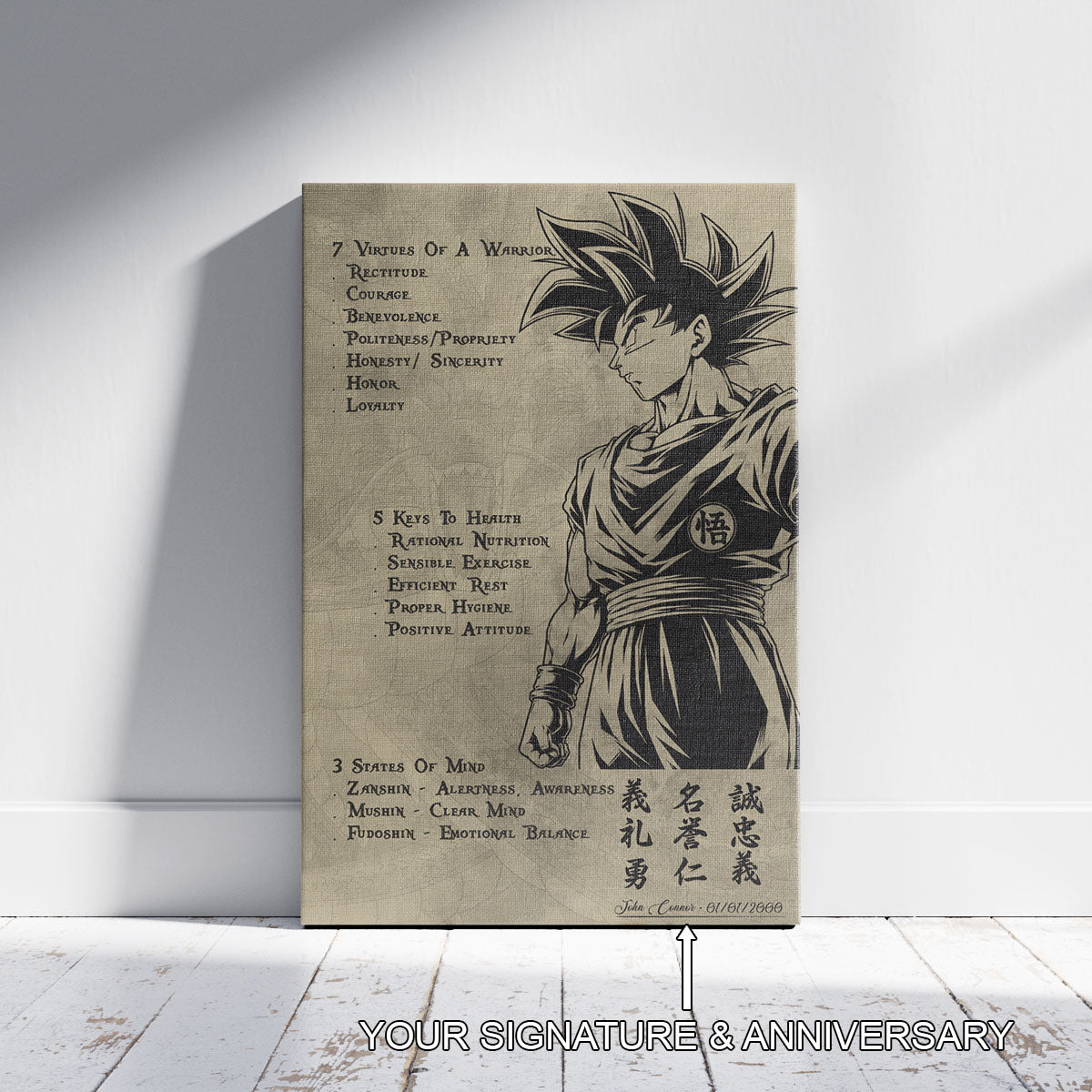 Goku Dragon Ball Z Motivational Canvas Wall Art - 7 Virtues of a Warrior & 5 Keys to Health - Anime Poster Room Decor - DR044