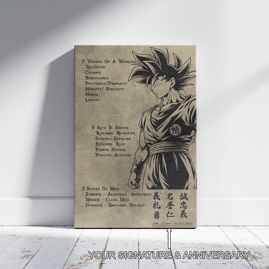 Goku Dragon Ball Z Motivational Canvas Wall Art - 7 Virtues of a Warrior & 5 Keys to Health - Anime Poster Room Decor - DR044