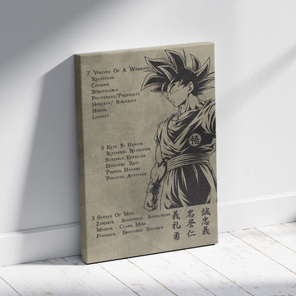 Goku Dragon Ball Z Motivational Canvas Wall Art - 7 Virtues of a Warrior & 5 Keys to Health - Anime Poster Room Decor - DR044