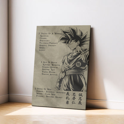 Goku Dragon Ball Z Motivational Canvas Wall Art - 7 Virtues of a Warrior & 5 Keys to Health - Anime Poster Room Decor - DR044