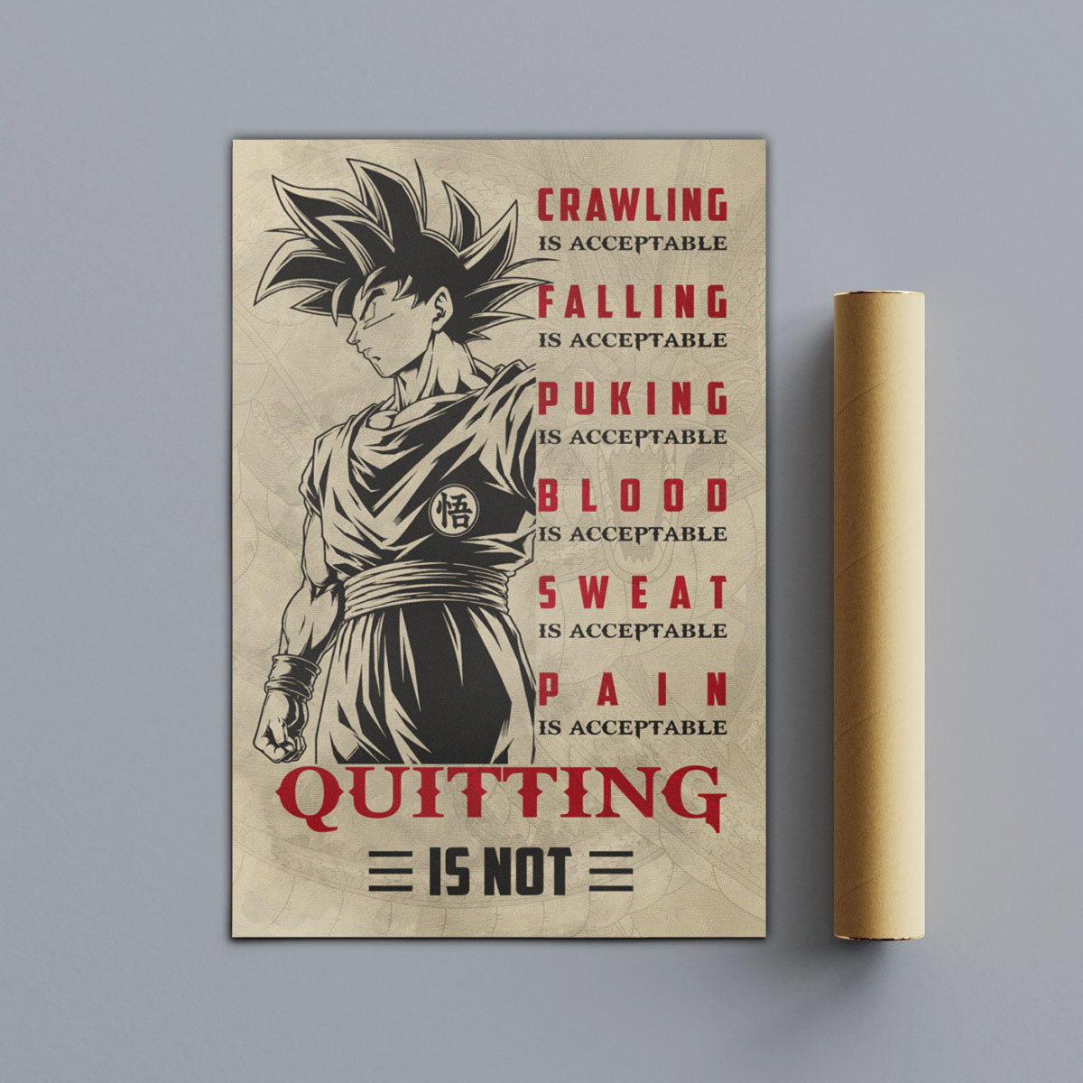 Goku Super Saiyan Canvas Wall Art - Dragon Ball Z Motivational Quote “Quitting Is Not” Print - Ready to Hang Gym Workout Decor - DR055