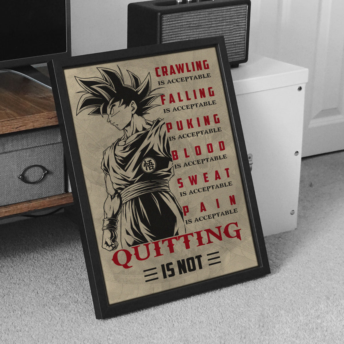 Goku Super Saiyan Canvas Wall Art - Dragon Ball Z Motivational Quote “Quitting Is Not” Print - Ready to Hang Gym Workout Decor - DR055