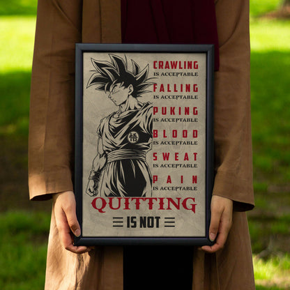 Goku Super Saiyan Canvas Wall Art - Dragon Ball Z Motivational Quote “Quitting Is Not” Print - Ready to Hang Gym Workout Decor - DR055